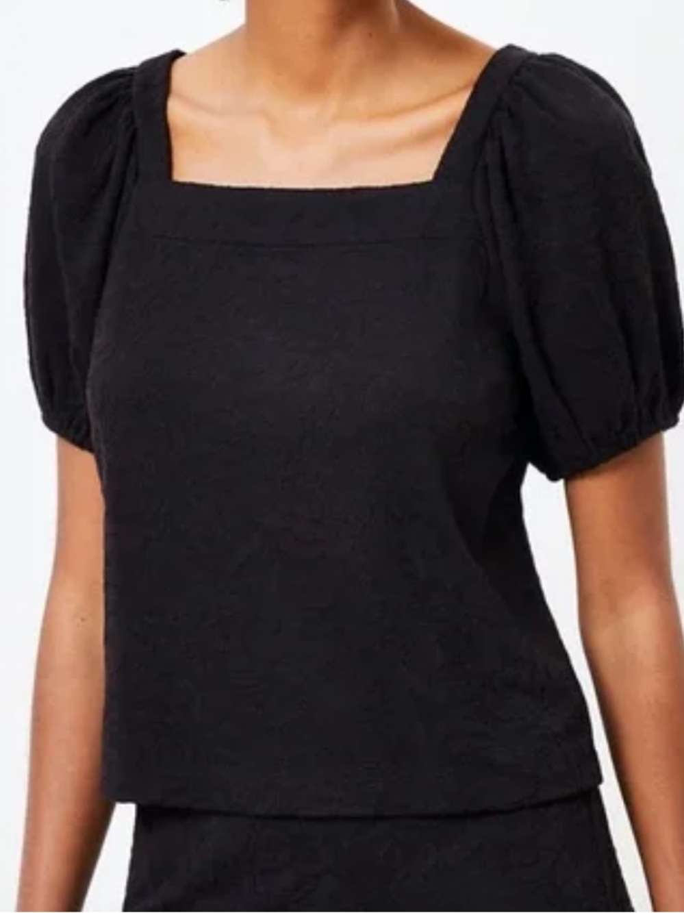LOFT Black Jacquard Floral Textured Puff Sleeve square neck Top L